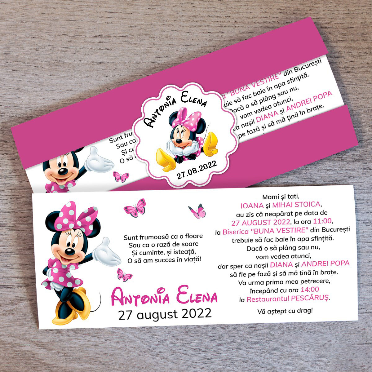 Invitatie Botez Minnie Mouse cu eticheta personalizata - Imagine principală